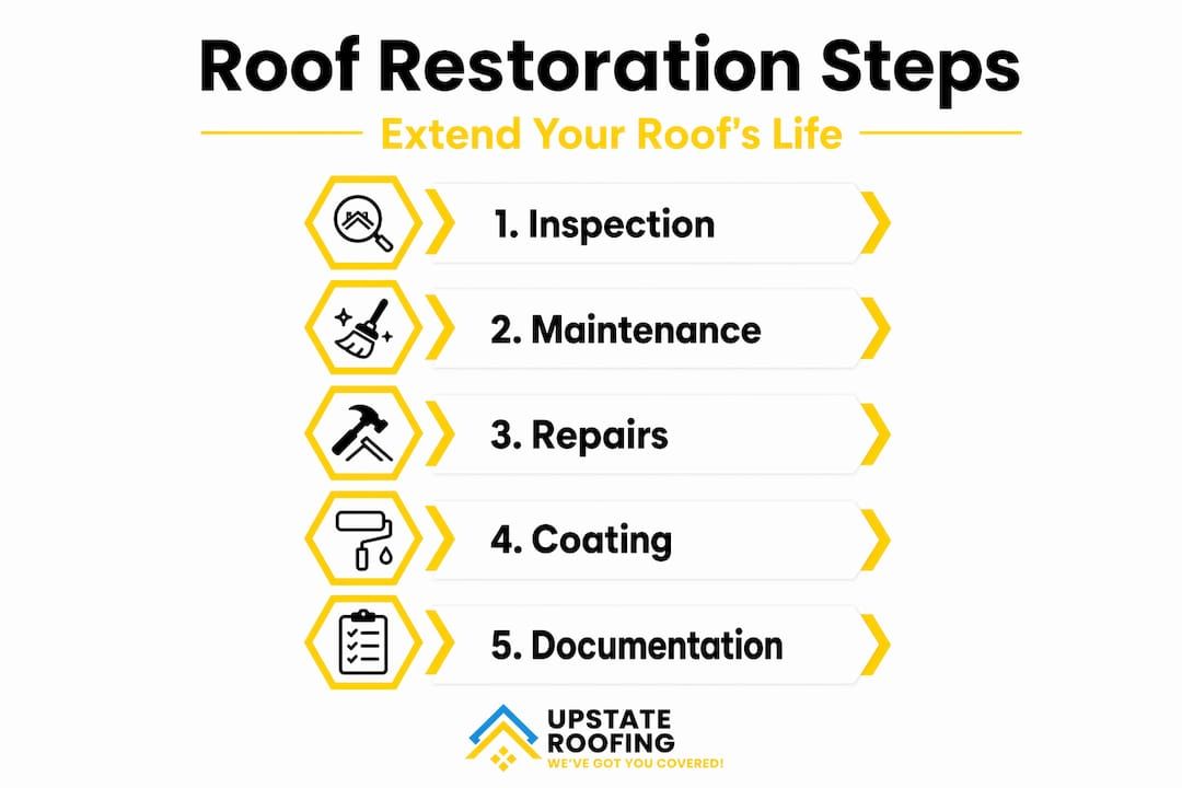 Infographic titled “Roof Restoration Steps” listing inspection, maintenance, repairs, coating, and documentation.