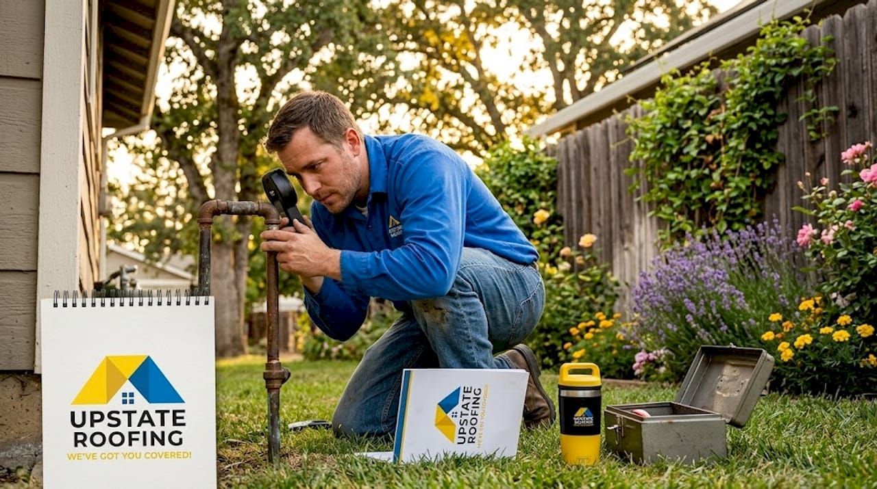 Roofing contractor inspecting a roof with tools beside an Upstate Roofing sign in a backyard garden.