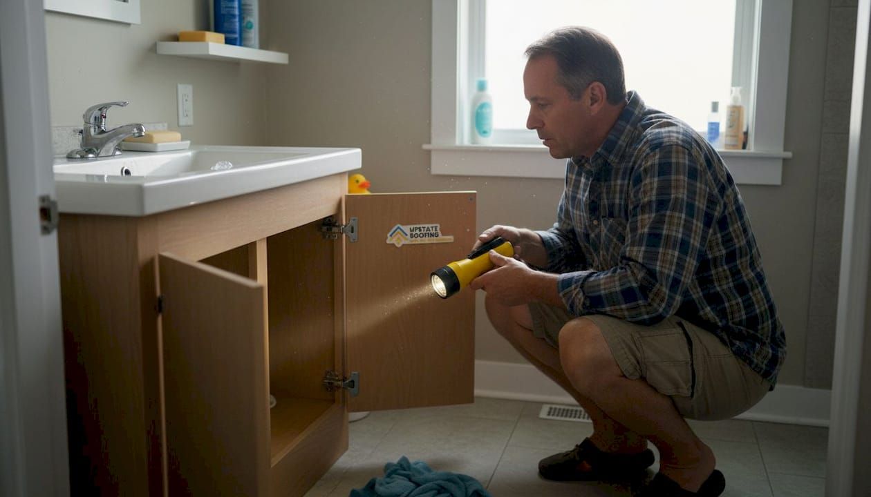 Man installing cabinet under a bathroom sink with a power drill.