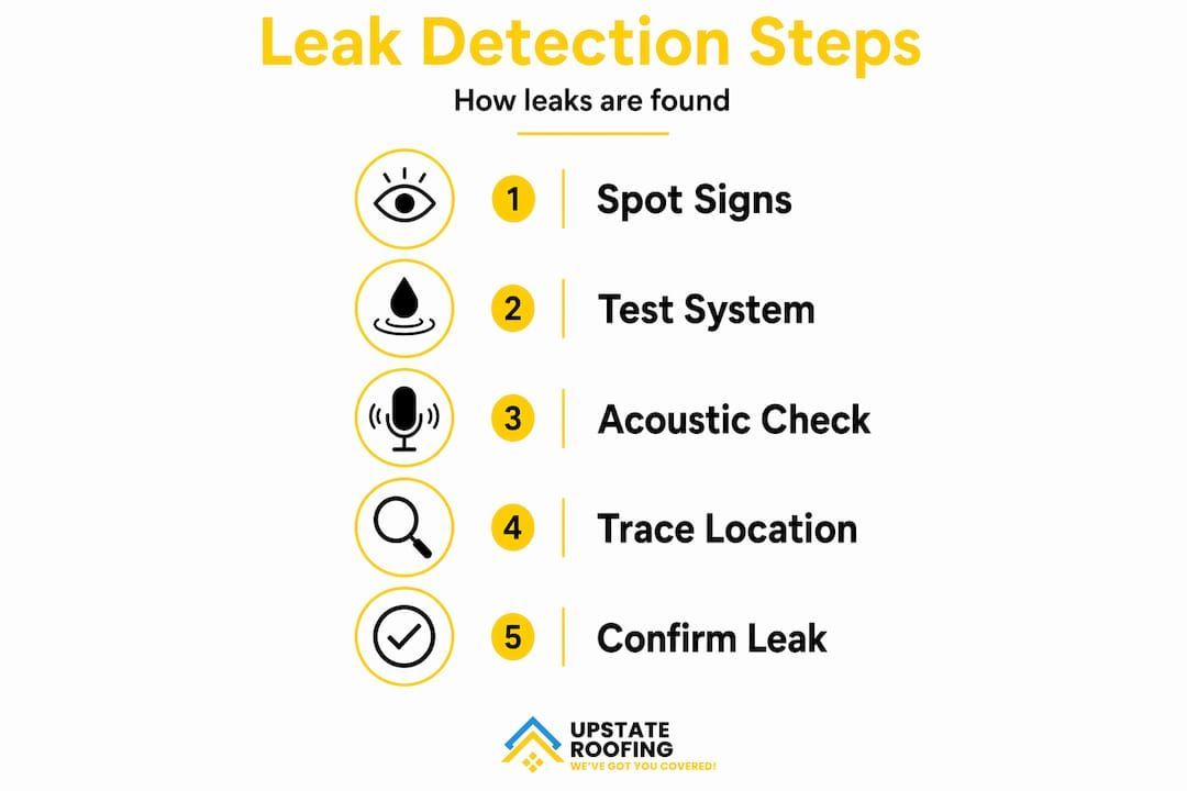 Leak detection steps infographic: five numbered icons from spot signs to confirm leak on white background.