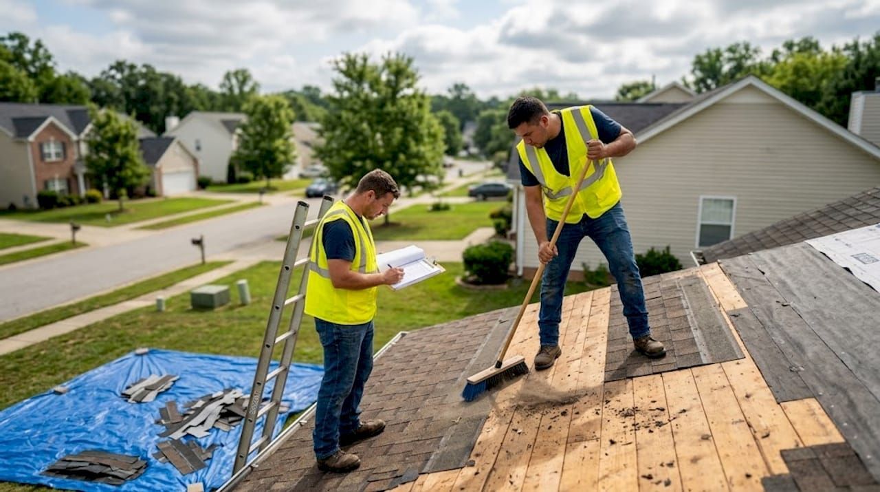 Two workers in safety vests shingling a house roof in a suburban neighborhood