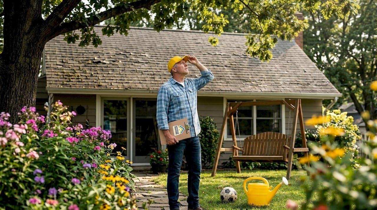 Person in a yellow hat stands in a flower garden holding a book near a cottage while watering tools sit nearby