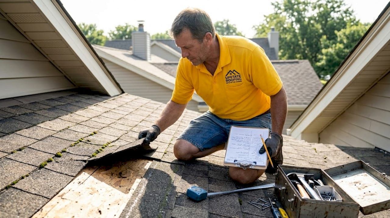 Roofing worker kneels on a shingled roof, inspecting damaged shingles with tools nearby.