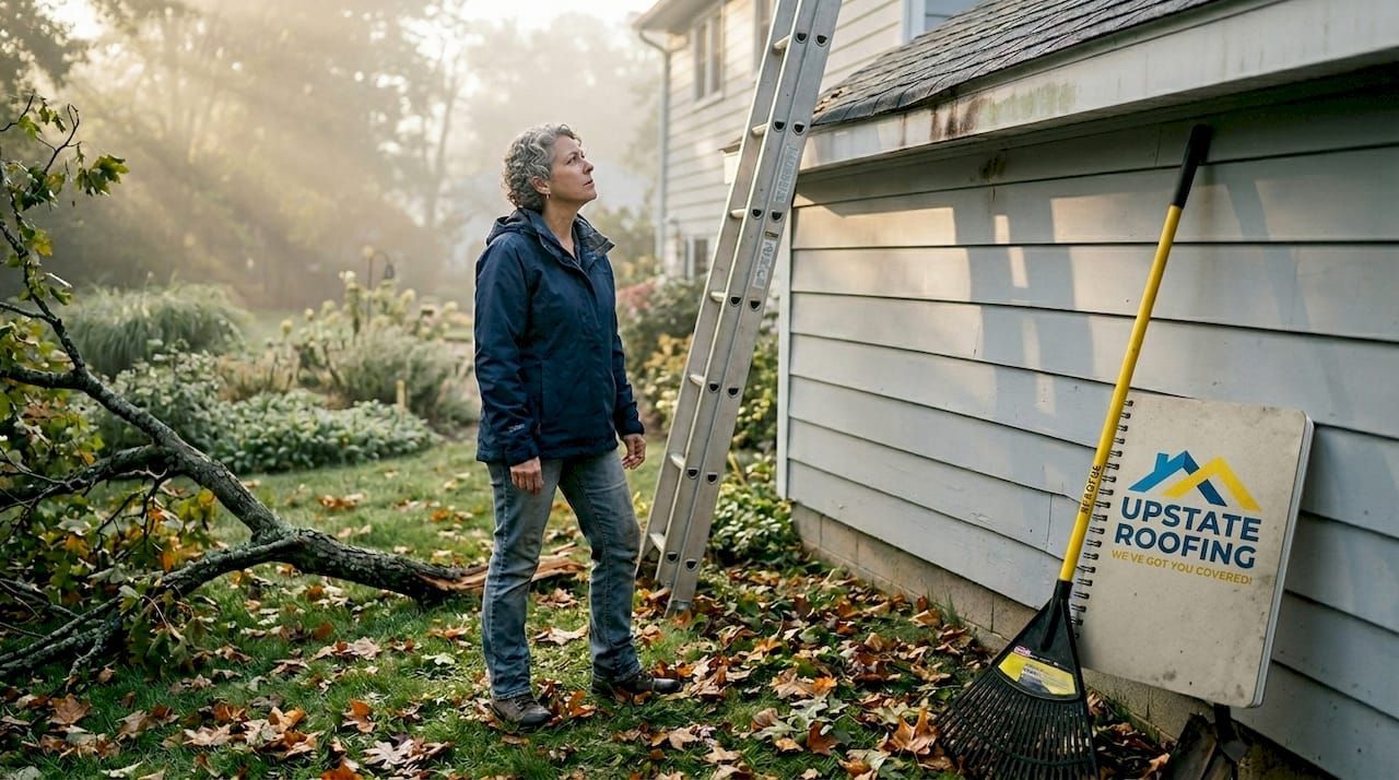 Worker stands by a ladder inspecting a house roof in a leafy yard