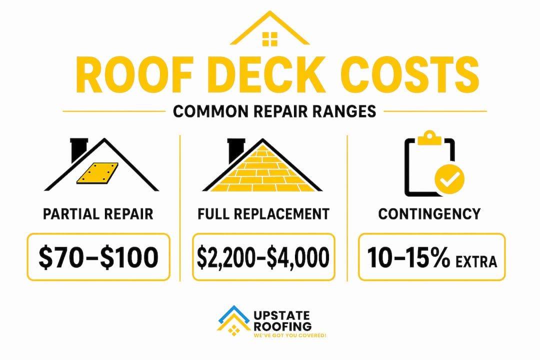 Roof deck costs chart with repair ranges: partial $70–$100, replacement $2,200–$4,000, contingency 10–15% more