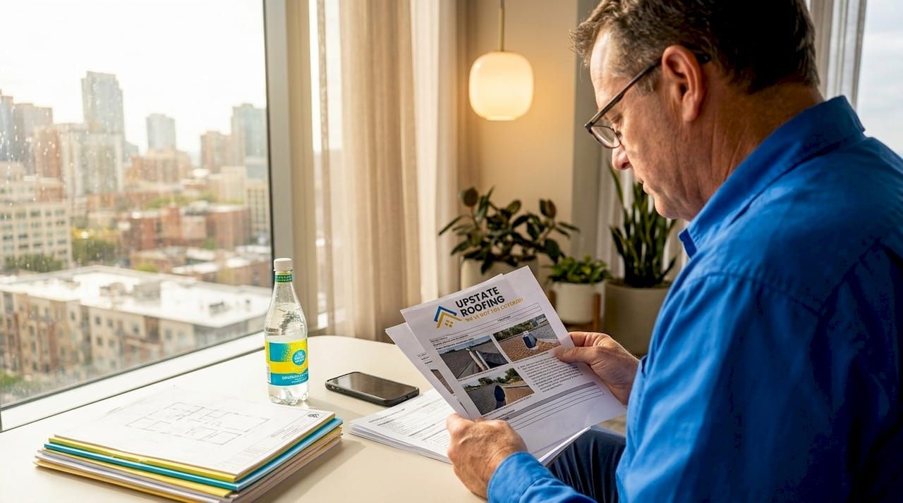 Man reading a newspaper by a window with a city view, notebook and coffee beside him.