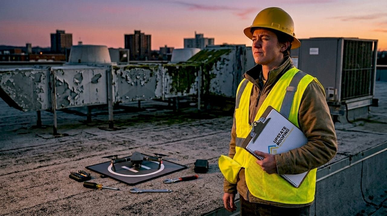 Worker in yellow safety gear holding a clipboard on a rooftop at dusk, with HVAC units and city skyline behind.