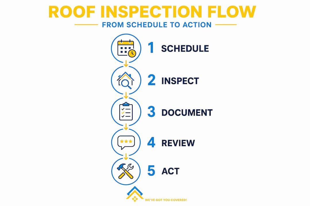 Roof inspection flow infographic with 5 steps: schedule, inspect, document, review, and act.