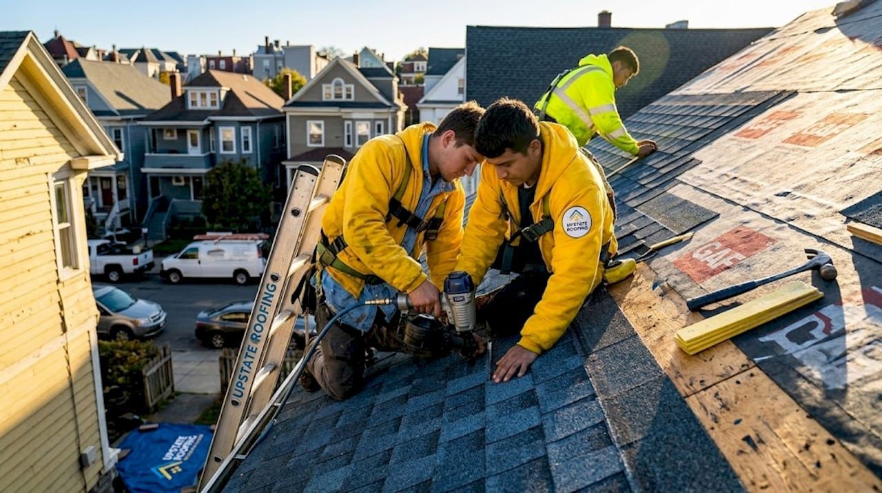 Roofers in yellow safety gear installing shingles on a steep rooftop in a residential neighborhood