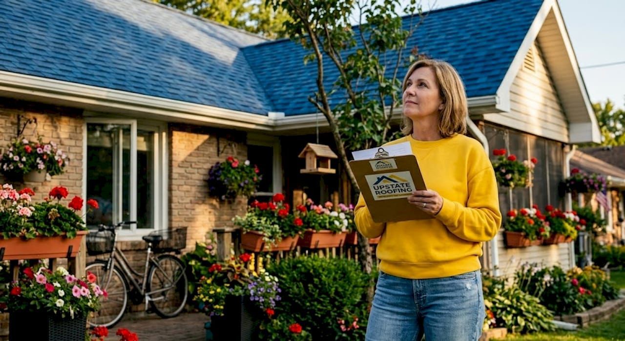 Woman holding a clipboard outside a flower-filled house with a blue roof and bicycle nearby
