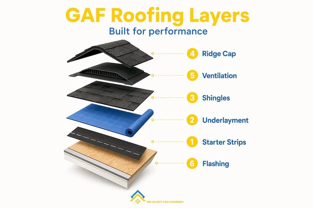 GAF Roofing Layers diagram with stacked roof components labeled ridge cap, ventilation, shingles, underlayment, starter strips, flashing