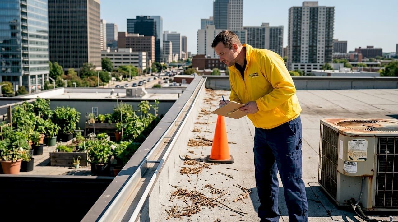 Worker in yellow jacket inspecting a rooftop garden with potted plants and city buildings in the background