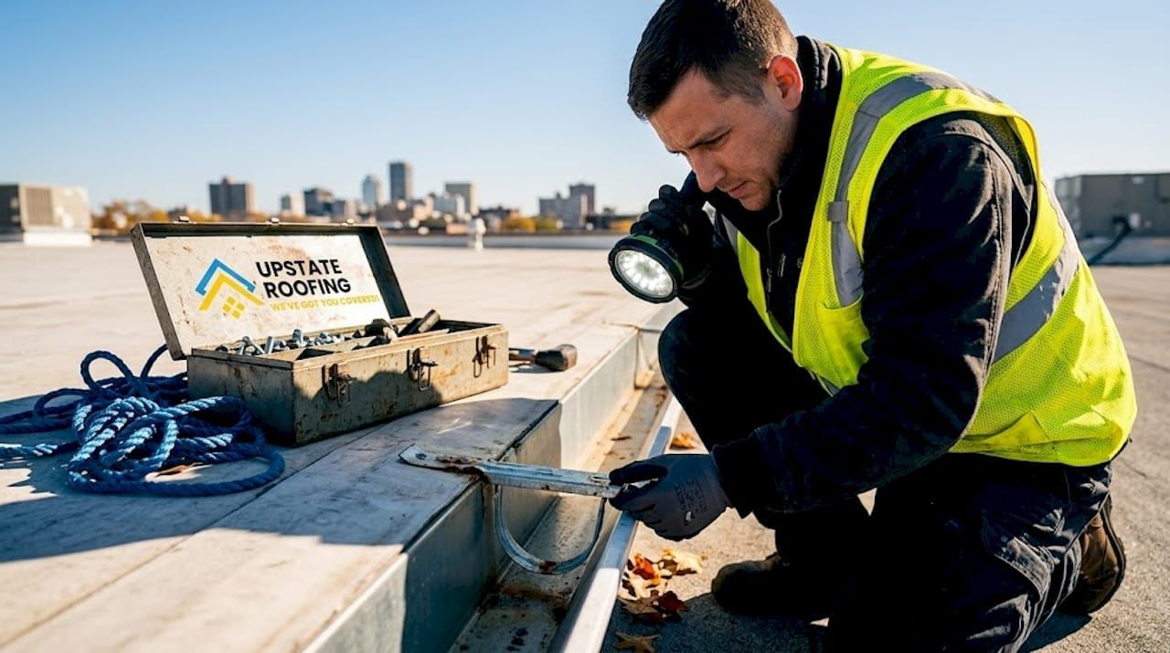 Worker in a high-visibility jacket inspecting rooftop equipment beside a city skyline.