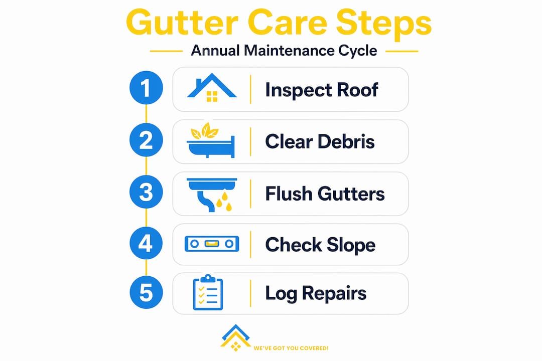 Gutter Care Steps infographic listing five annual maintenance tasks: inspect roof, clear debris, flush gutters, check slope, log repairs.