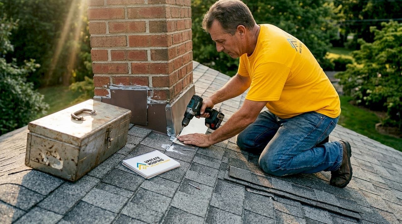 Worker in yellow shirt repairs roof shingles beside a brick chimney, using a power tool.