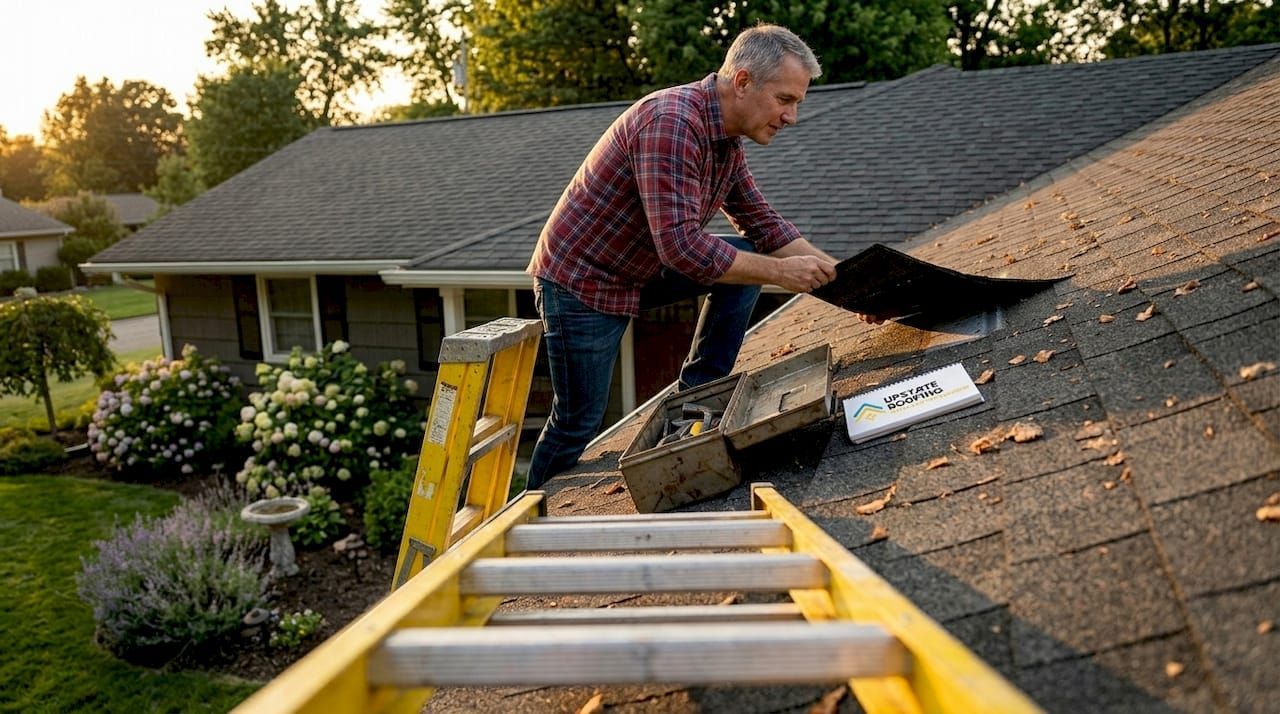 Worker replacing shingles on a roof beside a yellow ladder at sunset