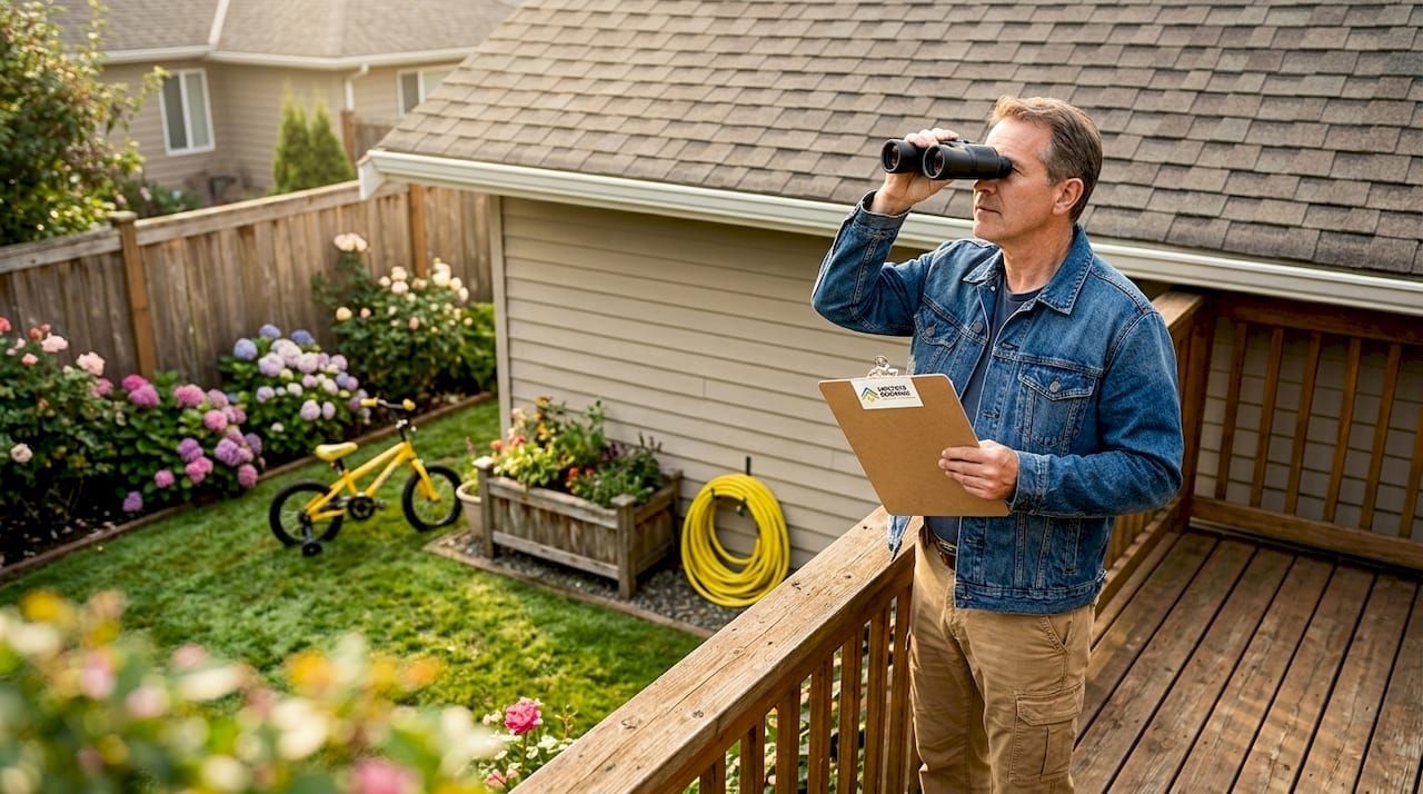 Man with binoculars and clipboard on a wooden deck, overlooking a backyard garden with flowers and tools