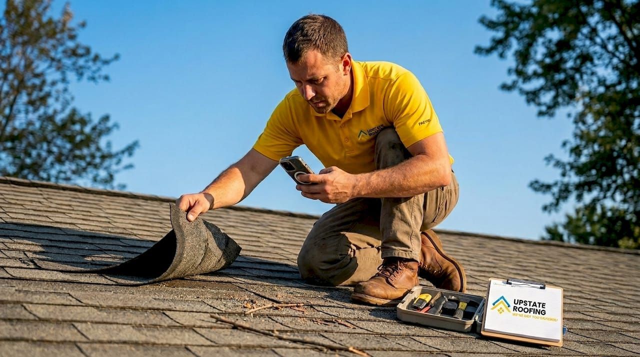 Worker kneeling on a shingled roof, lifting damaged shingles during roof repair.