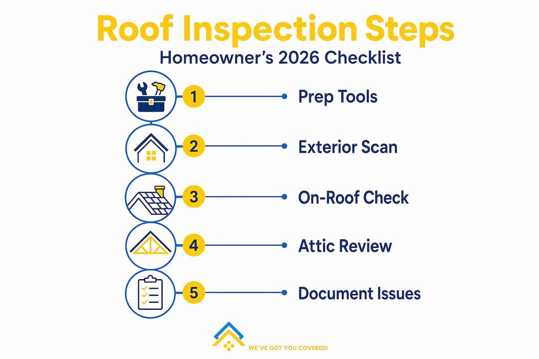 Roof Inspection Steps infographic with five numbered tasks: prep tools, exterior scan, on-roof check, attic review, document issues