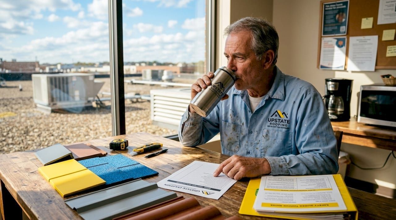 Man in gray shirt drinking from a mug at a desk by a window, with papers and office supplies.