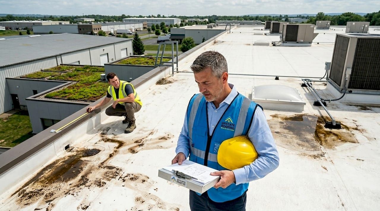 Two workers inspect a rooftop, one holding a clipboard and hard hat, with construction materials nearby