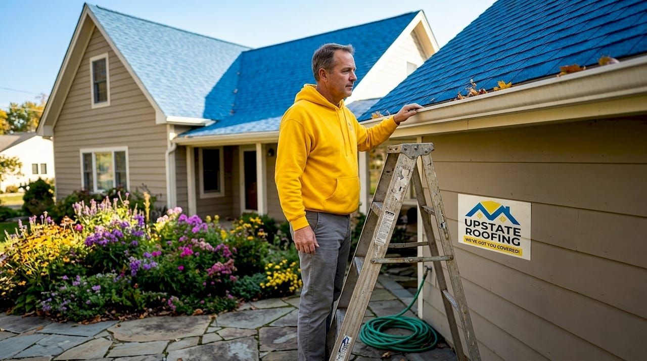 Worker in yellow shirt on ladder painting a house with blue roof and siding.