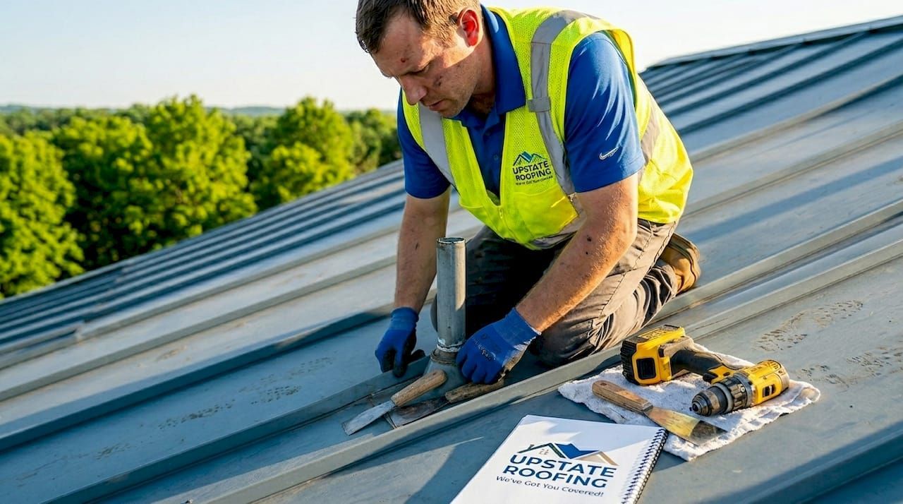 Worker in yellow safety vest installing a metal roof with tools on a sunny day