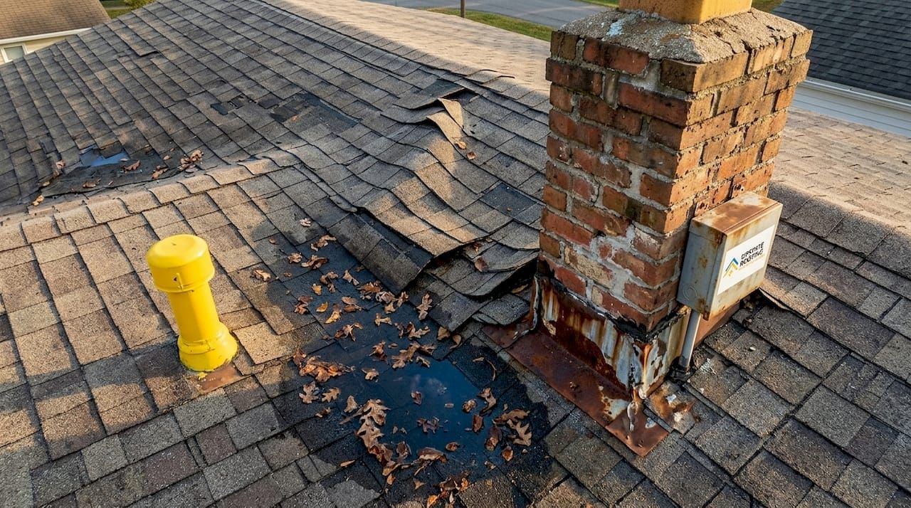 Damaged shingle roof with a brick chimney and yellow vent pipe, showing missing and curled shingles.