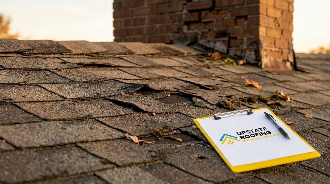 Yellow clipboard on a shingled roof beside a brick chimney at sunset