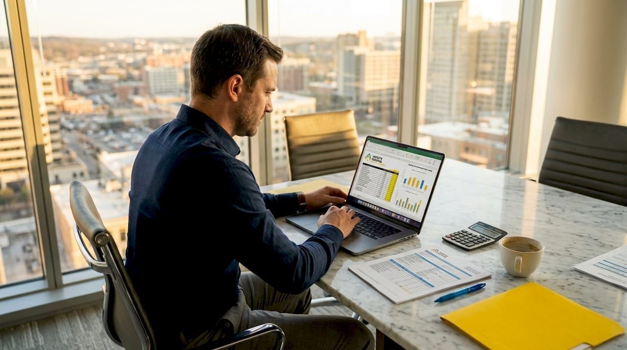Man working on a laptop at a marble desk in a sunlit office with city views