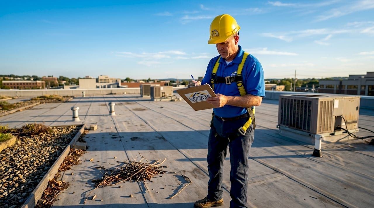 Worker in hard hat inspecting roof with clipboard at sunset