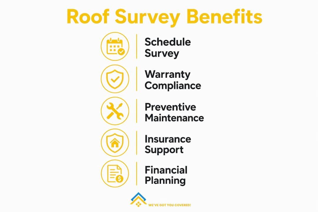 Roof survey benefits list with yellow icons: schedule survey, warranty compliance, preventive maintenance, insurance support, financial planning
