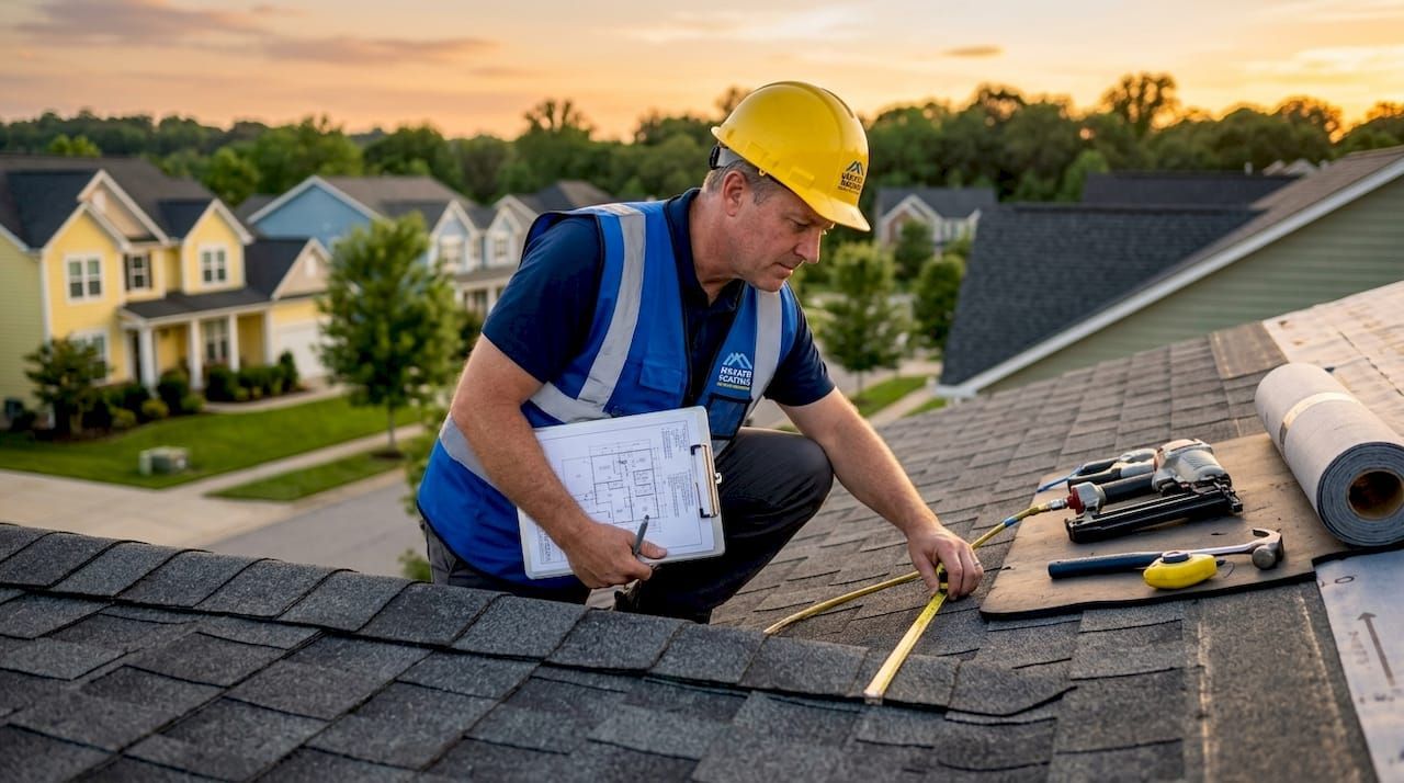 Roofer in a yellow hard hat measures shingles on a roof at sunset, with tools nearby.