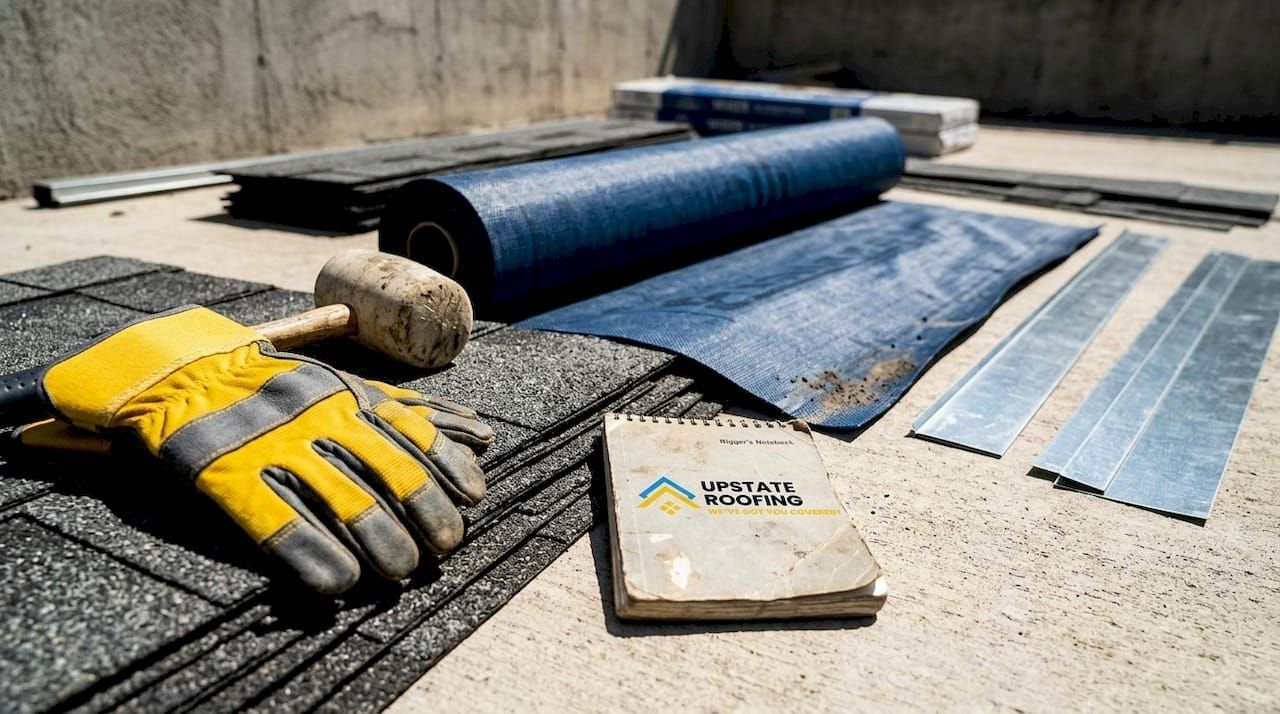 Roofing materials and tools on a flat roof, including gloves, hammer, and rolled membrane sheets