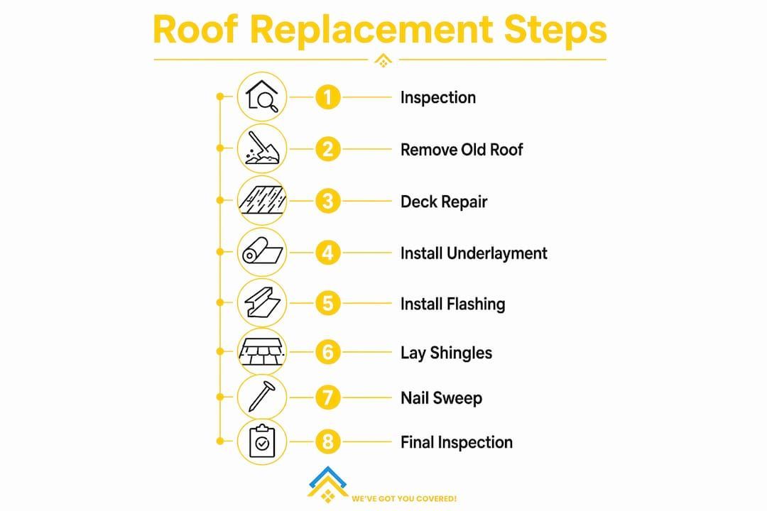 Infographic titled “Roof Replacement Steps” with seven numbered icons for repair and installation steps