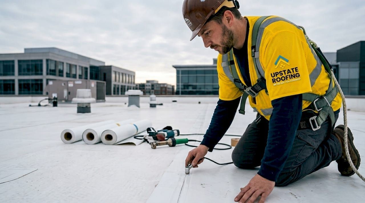 Construction worker measuring roofing material on a flat rooftop with rolls of membrane nearby.