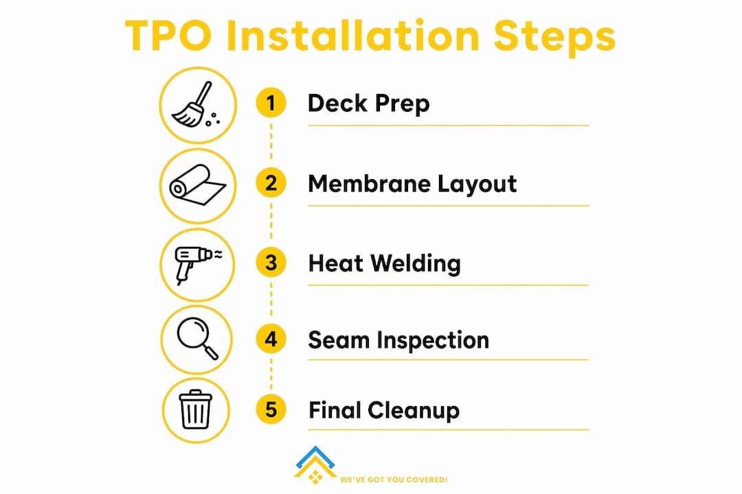 TPO installation steps infographic with five yellow-labeled steps and icons: deck prep, membrane layout, heat welding, inspection, cleanup