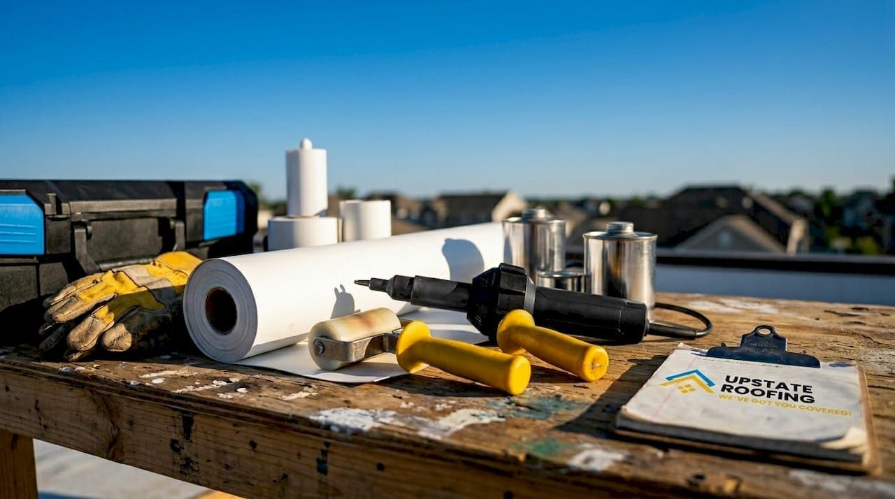 Construction tools and roofing materials on a rooftop, including rolls, bottles, and yellow-handled tools