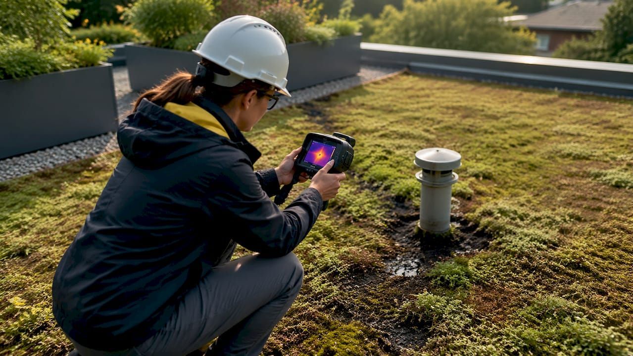 Person in a hard hat kneels on a rooftop lawn, inspecting a small rooftop vent with a tablet.