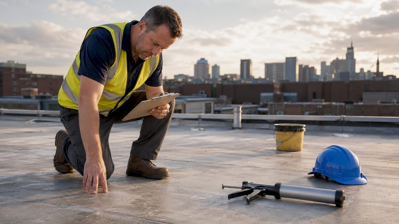 Worker kneeling on a rooftop, inspecting the surface beside a blue hard hat and tools at sunset.