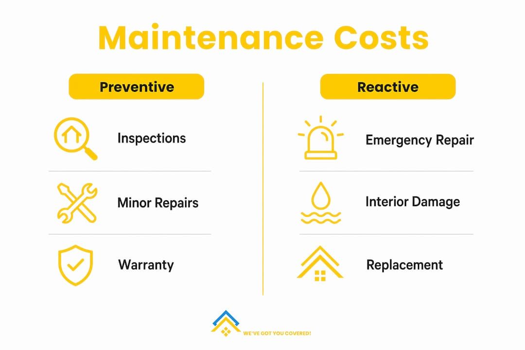 Maintenance Costs infographic comparing preventive and reactive costs on a yellow-and-white layout.