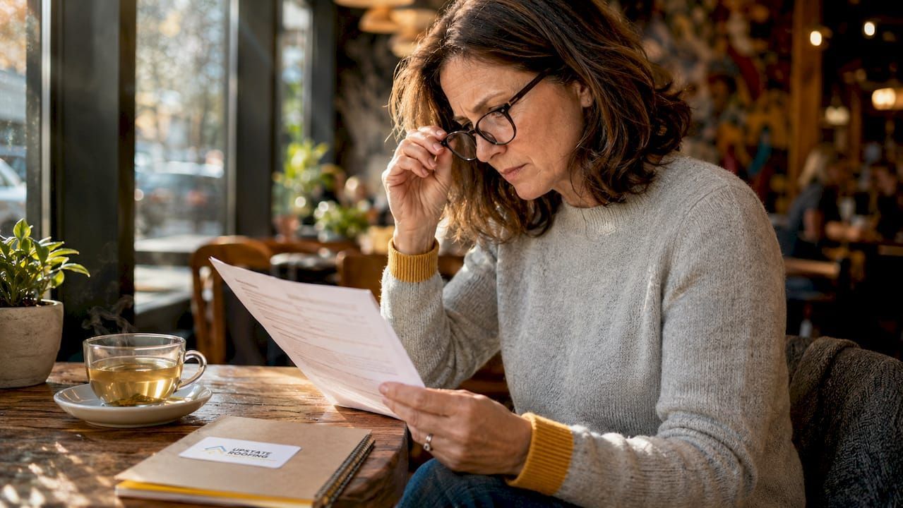 Woman in glasses reading a document at a café table with a cup of tea nearby.