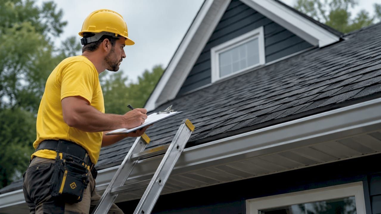 Worker in yellow hard hat inspecting roof shingles on a ladder beside a house