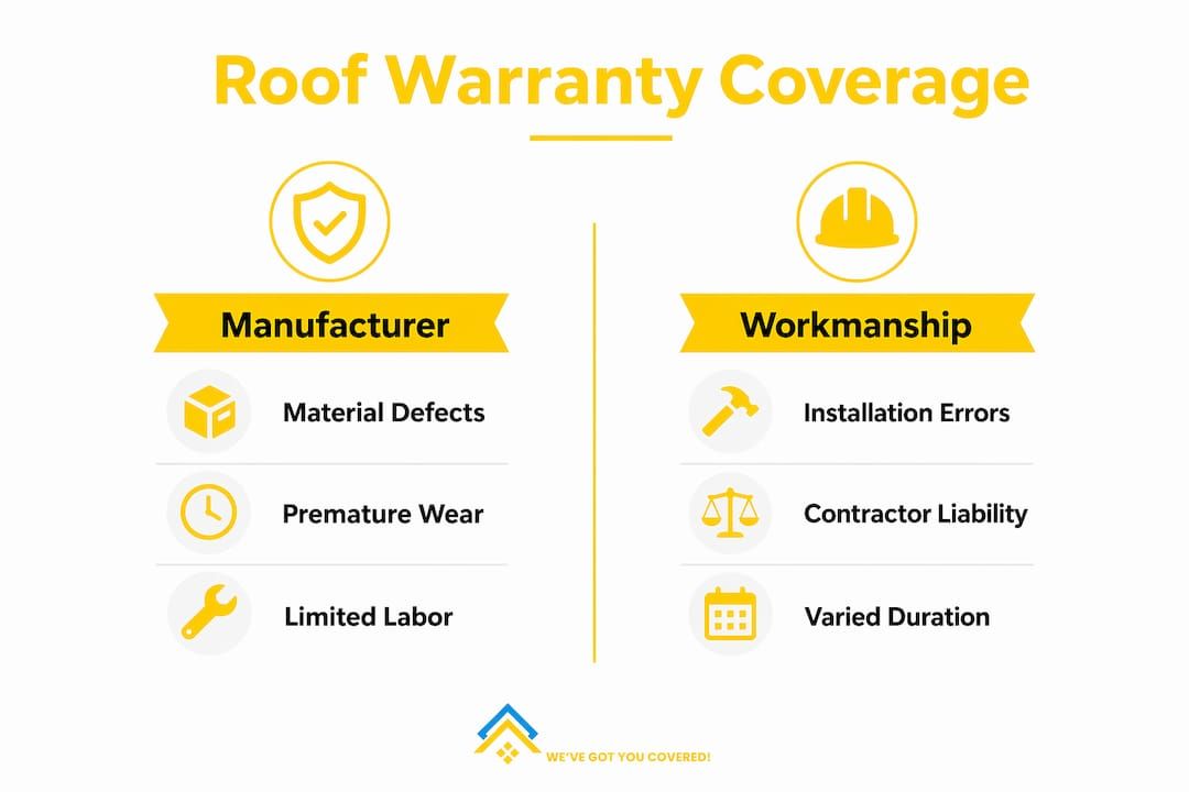 Roof warranty coverage infographic showing manufacturer and workmanship terms in yellow and white.