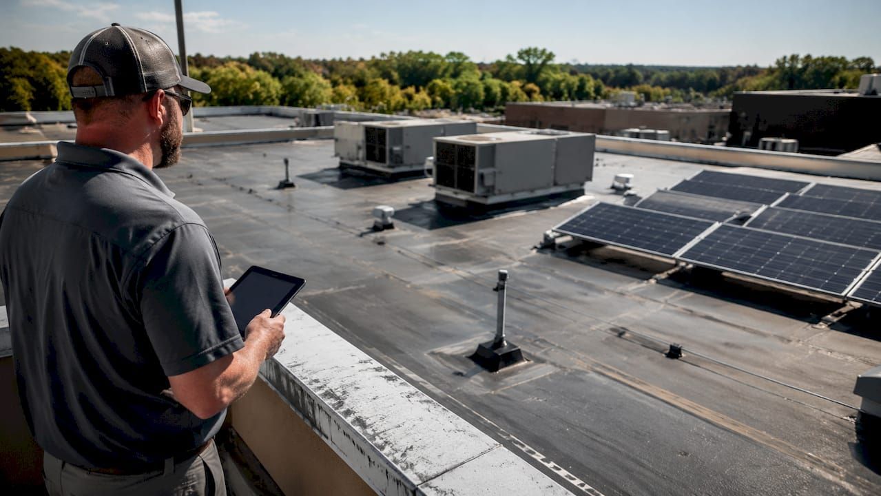Worker inspecting rooftop solar panels on a flat roof with HVAC units nearby