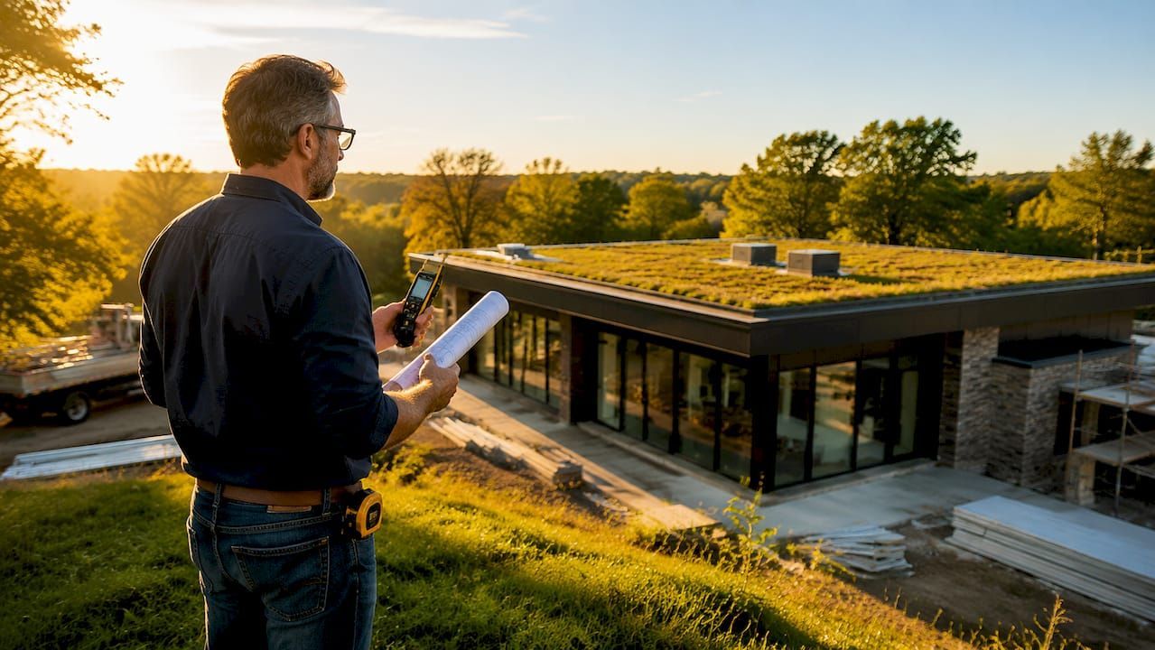 Person holding a tablet overlooks a modern house at sunset in a grassy landscape
