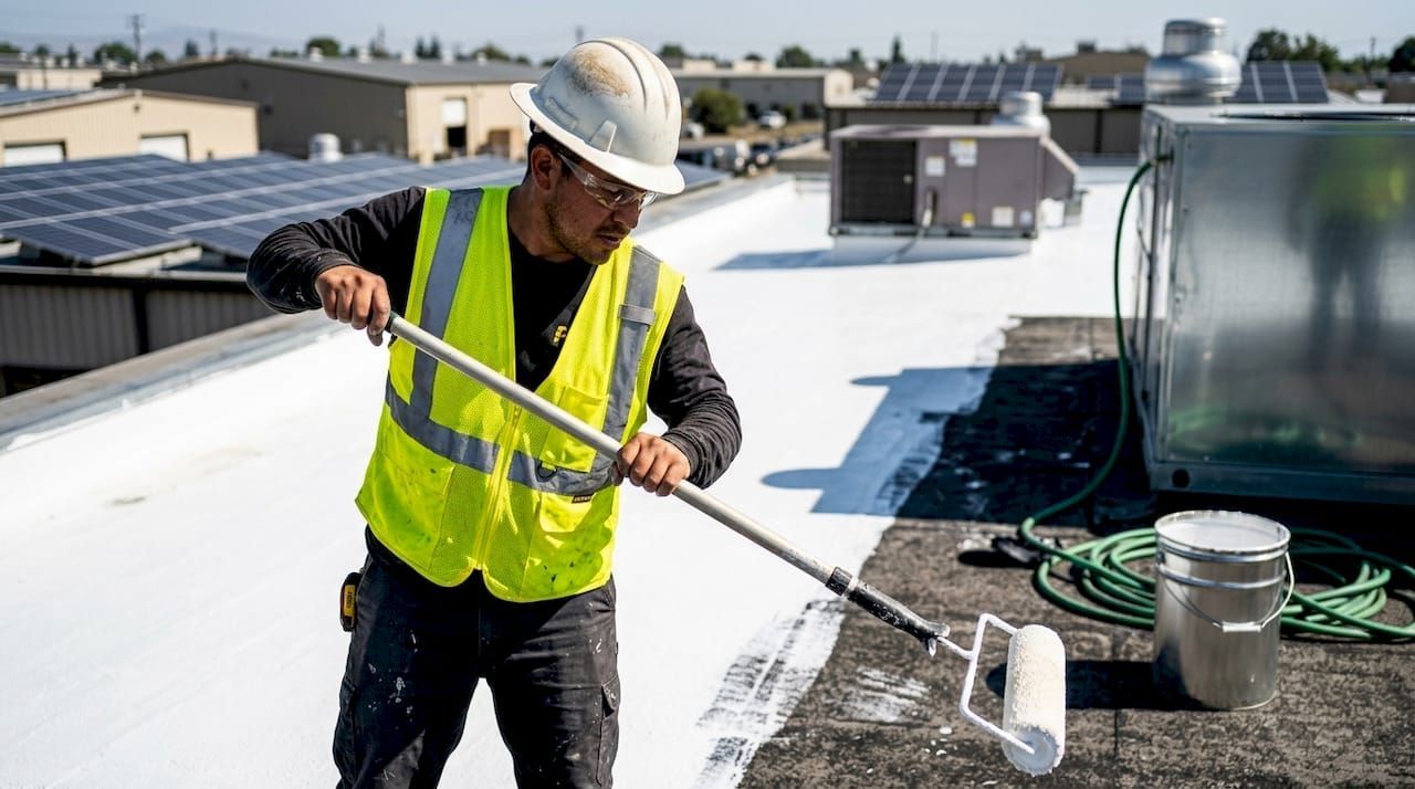 Worker in a hard hat and safety vest rolling white coating on a rooftop under solar panels.