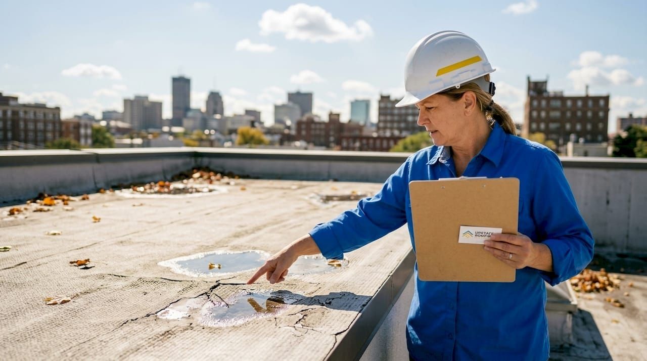 Worker in blue coveralls and hard hat inspecting a rooftop with a clipboard and trowel, city skyline behind.
