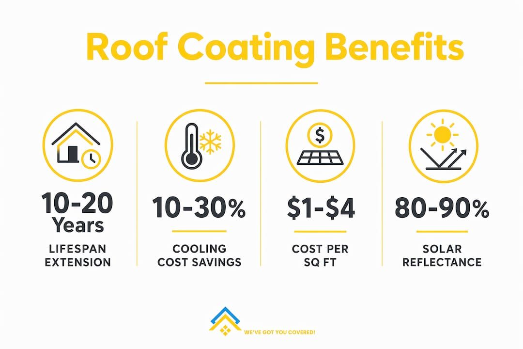 Infographic on roof coating benefits: 10–20 years lifespan extension, 10–30% cooling savings, $1–$4 cost, 80–90% reflectance