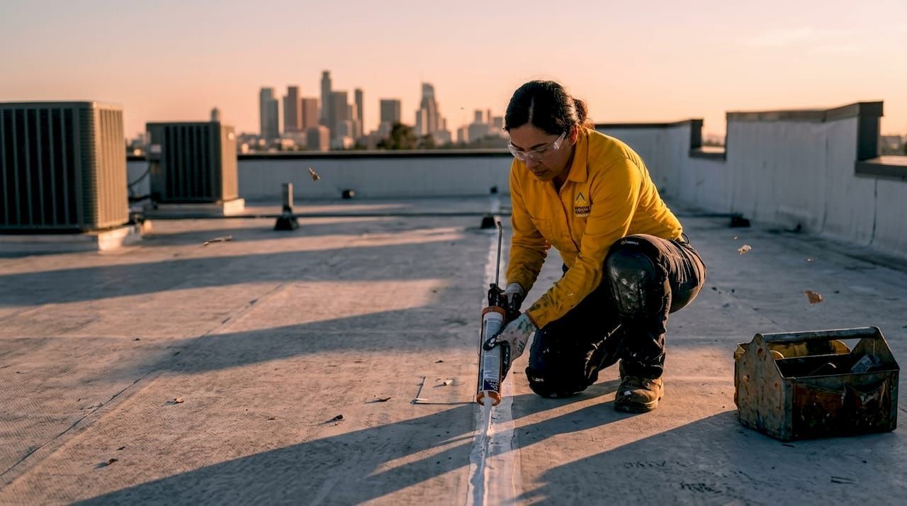 Worker in yellow jacket kneeling on a rooftop, applying sealant with a tool at sunset.